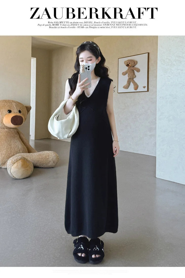 Maternity Suit  Autumn High-End Lazy Style Versatile Long Coat And Lace Paneled V Neck Straight Tank Dress Two Piece Set