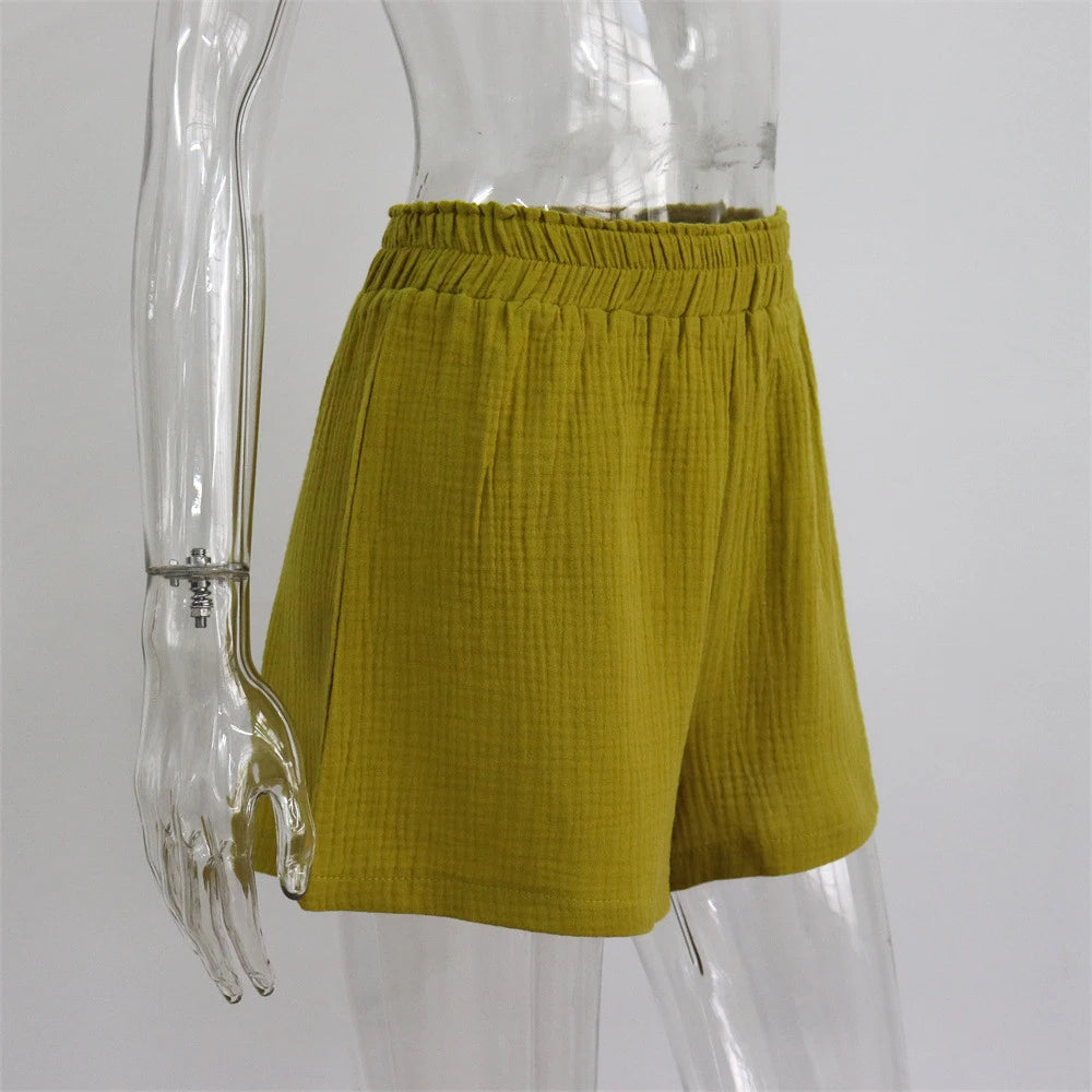 Summer Two Piece Set Women Shorts Suit Green Lapel Long Sleeve Shirts Sets Female Elegant Casual High Waist Pants Lady Outfits