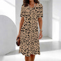 Women's Classic Leopard Print Short Sleeve Round Neck Midi Dress Loose Casual A Line Daily Wear Dress