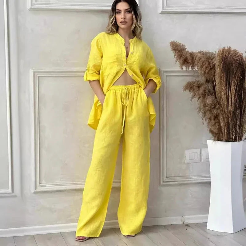 Women Two Piece Sets Spring Autumn Casual Long Sleeve Pocket Shirts 2 Piece Set Fashion Loose Wide Leg Pants OL Work Suit Outfit