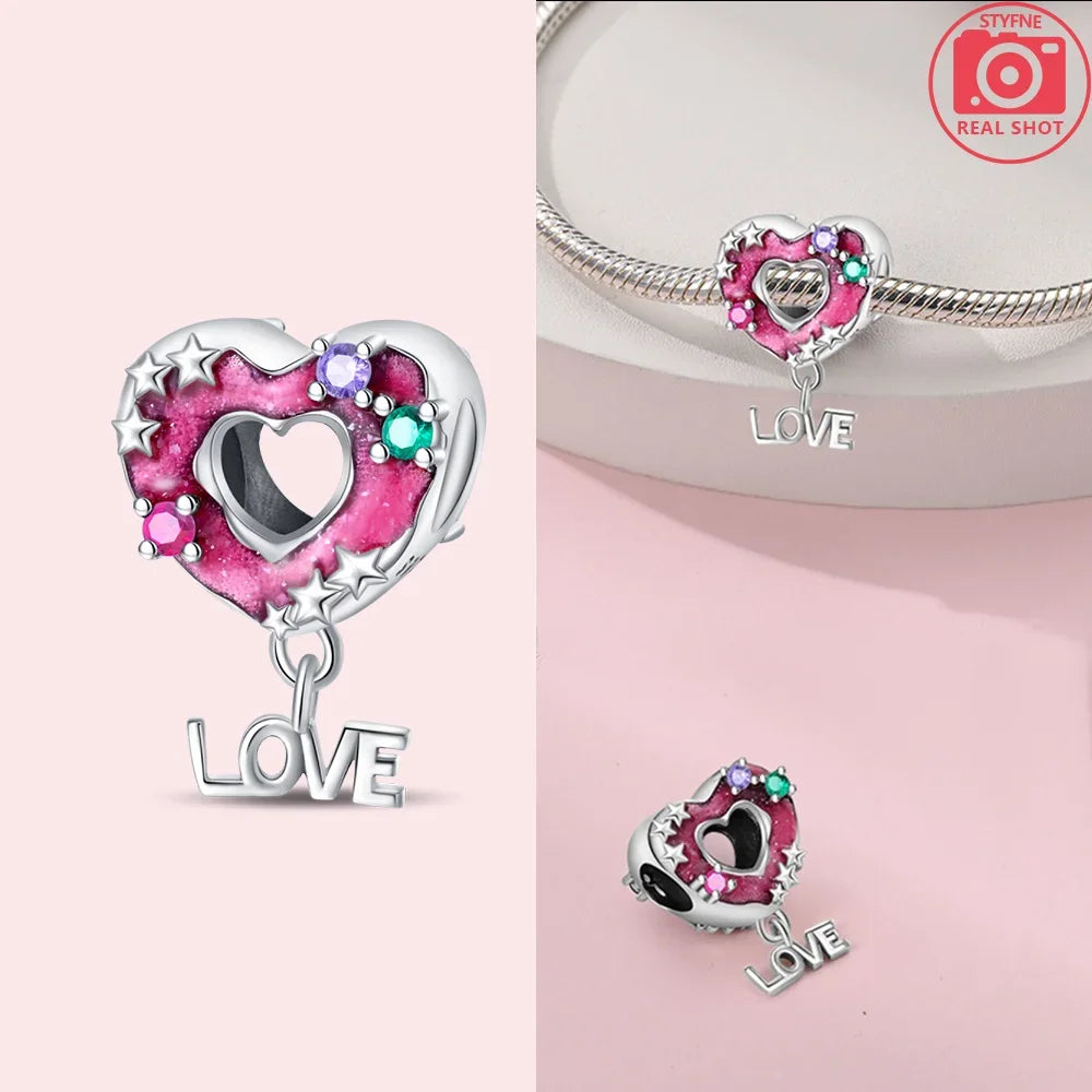 925 Sterling Silver Pink Zircon Love Beads Charms Fit Bracelet Women Jewelry Diy Anniversary Gift Delicate Accessories Bag Charm