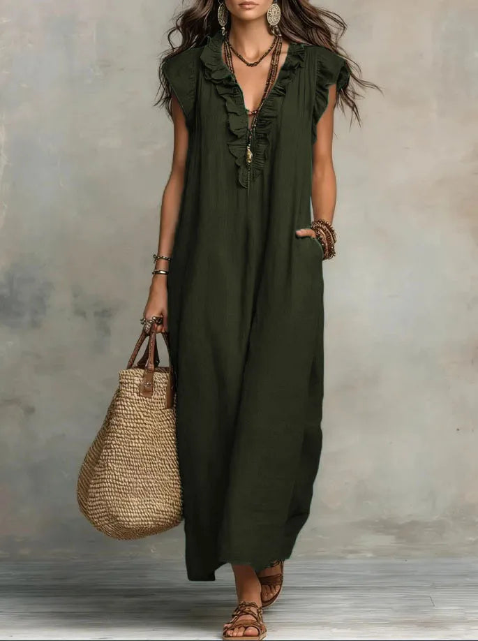 Women Spring Summer Boho Flutter Sleeve Floor Length Maxi Dress Elegant Beach Long Dress