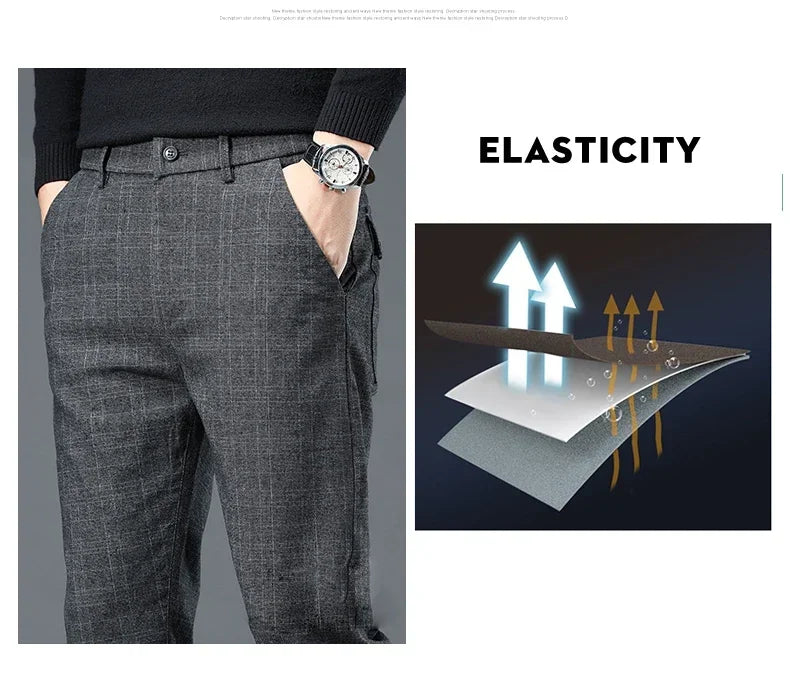 Business Men Pants Spring Autumn Korea Cotton Comfortable Elastic Plaid Casual Fashion Trousers Male Clothing Suit Pant