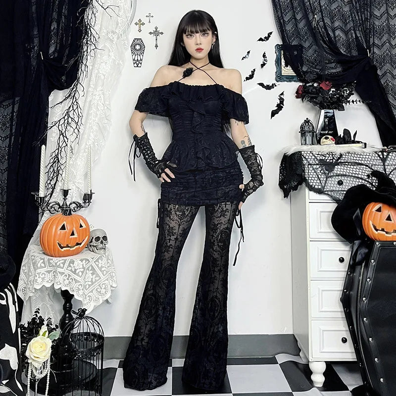 AltGoth Gothic Dark Flocking Pants Women Streetwear Aesthetic Emo Alt Grunge See Through Lace-up High Waist Flare Pants Female