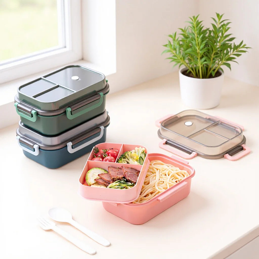 Portable Double Layer Lunch Box, Sealed Compartment Microwave Bento Box, Leakproof Food Container with Tableware