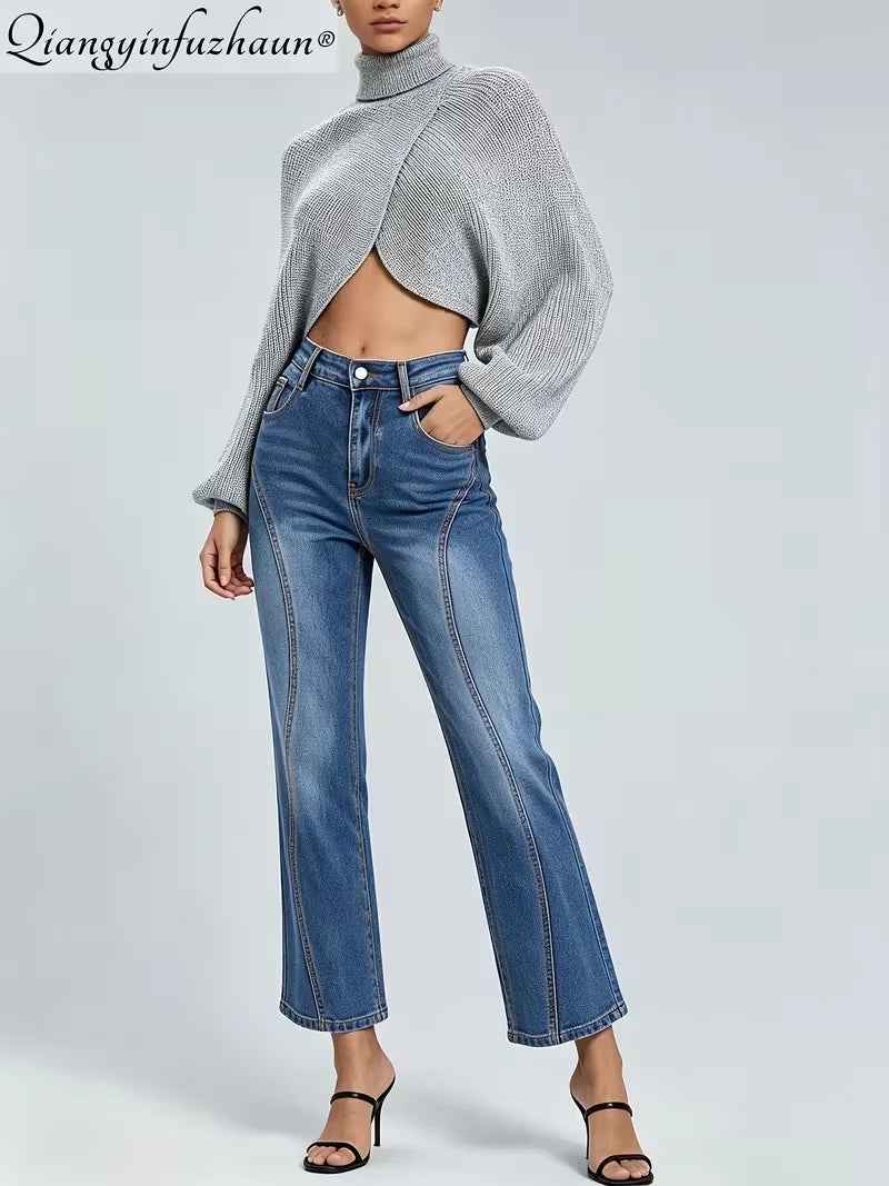 Small-scale design wash denim straight-leg pants for women, S-shaped spliced style, fits well, slimming effect, suitable for dai