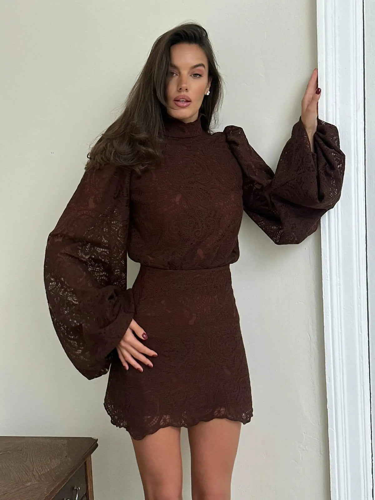 2026 New Women's Long Sleeve Design Fashion Openwork Lace Miniskirt Elegant Temperament Autumn Party Banquet Evening Dress
