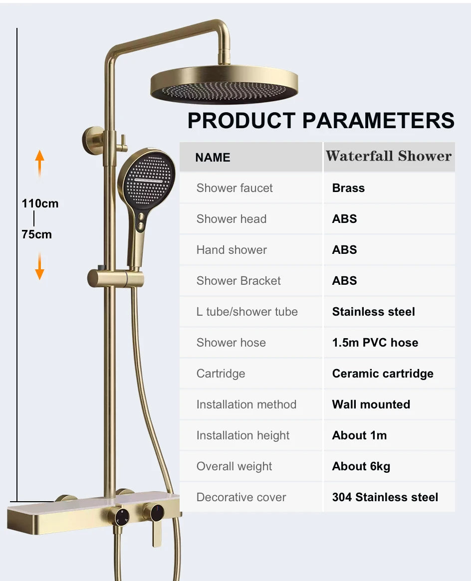 White Bathroom Shower System Set SDSN 12 Inch Round Rainfall Shower Head Brass Bathroom Faucet Hot Cold Gold Bathroom Shower Set