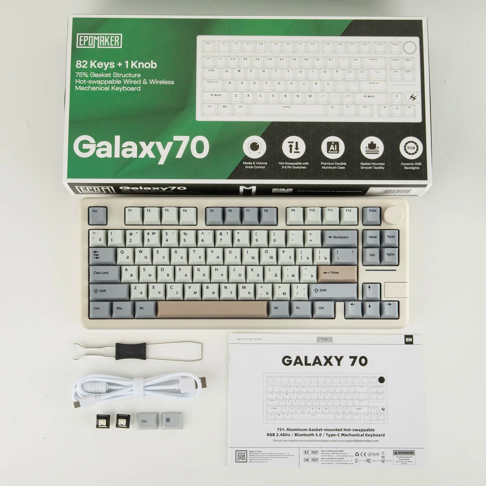 RU Layout EPOMAKER Galaxy 70 75% Russian Version Layout Gasket Wired/BT/2.4G Wireless Aluminum Mechanical Keyboard 4000mAh