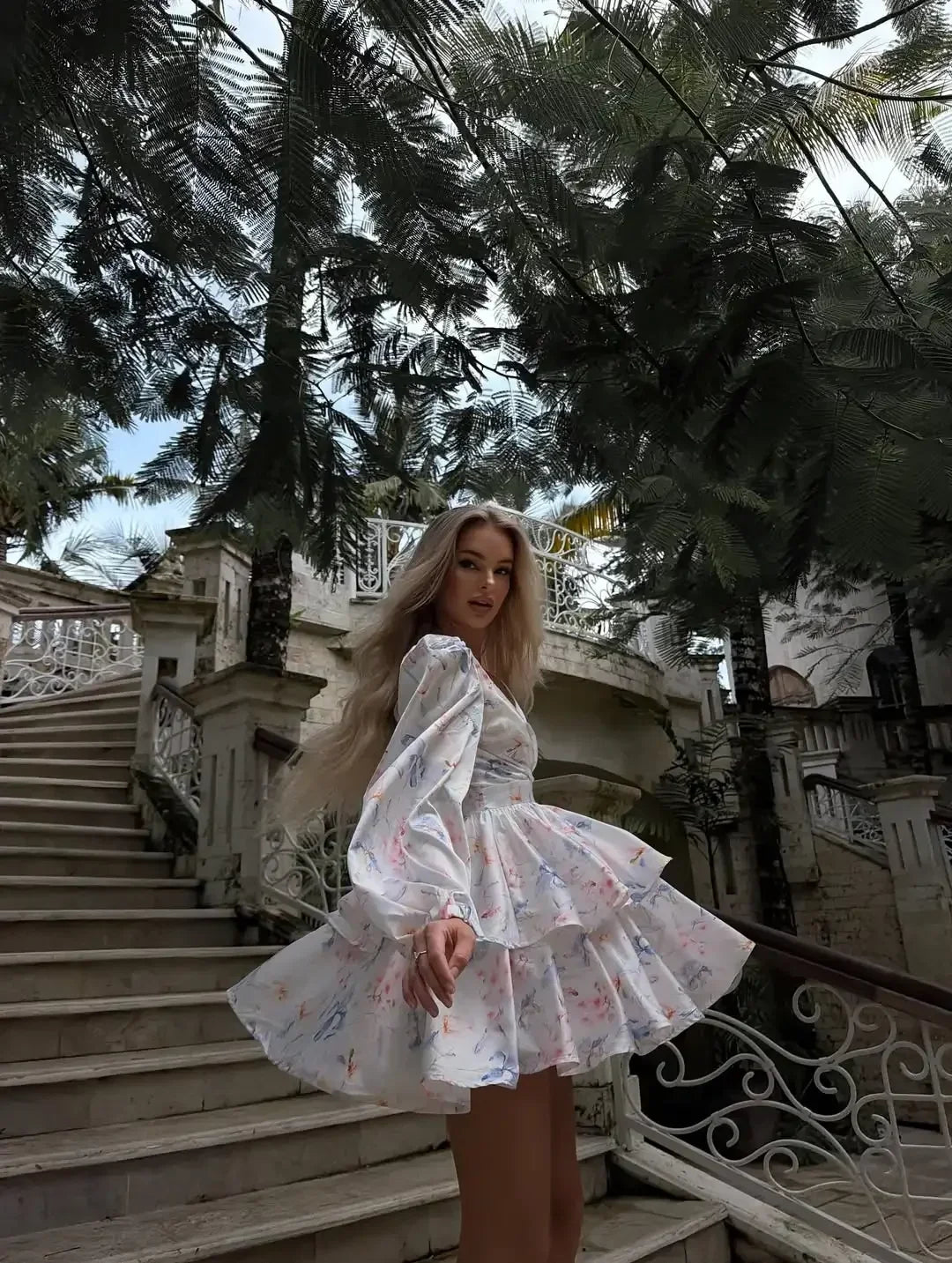 Floral Print Long Sleeve Women's Dress V Neck Puff Long Sleeve Wrap Waist Tiered Ruffle Mini Dresses Wedding Party Summer Robes