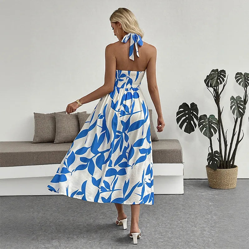 Vacation Women's Summer Floral Print Casual Long Dress Sexy Boho Sleeveless Halter Neck Beach Backless Party Maxi Dresses Ladies