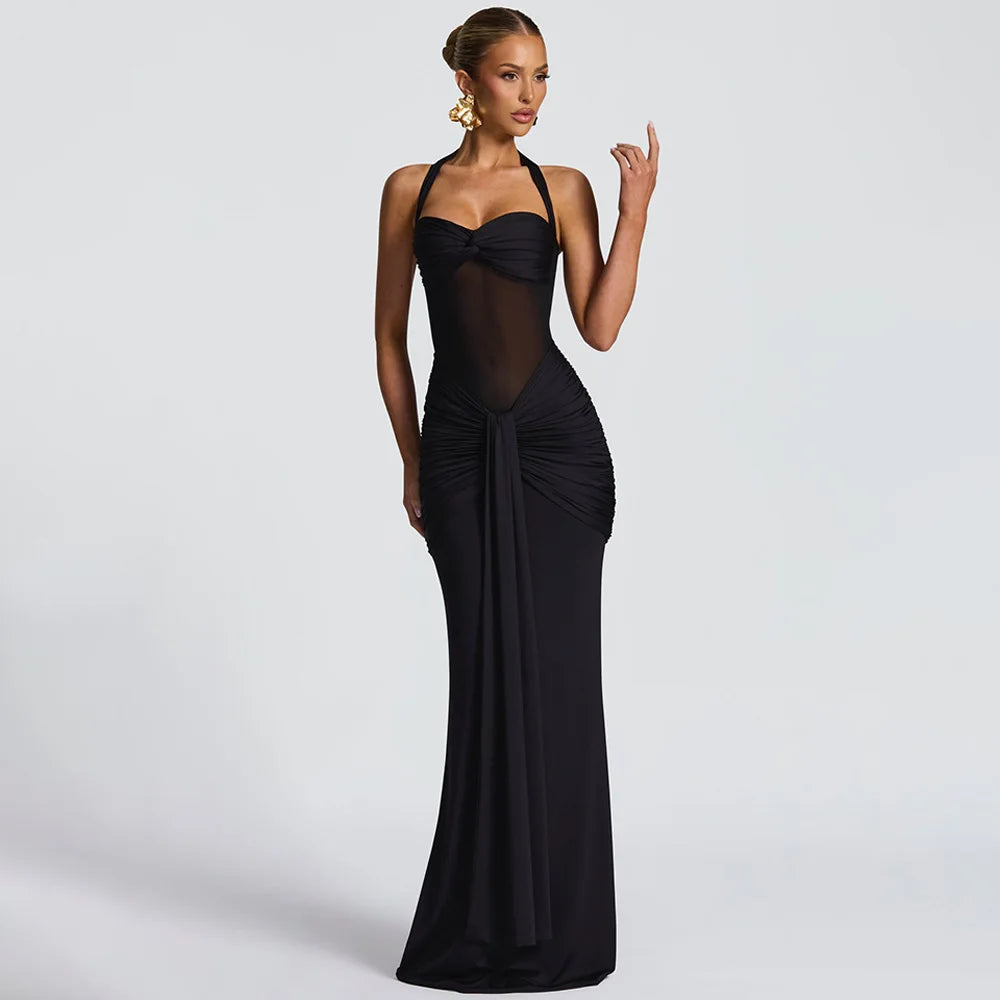 Suninheart Draped Maxi Evening Dress Women Elegant Halter Prom Dresses Wine Formal Occasions Backless Dress Sexy