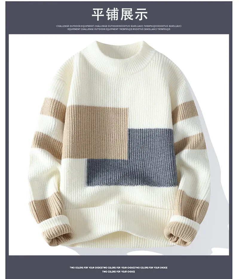 Winter Fashion Sweater Men Patchwork Casual Knit Pullovers Mens Thick Warm Harajuku Loose Knitted Sweaters O-Neck Streetwear Man