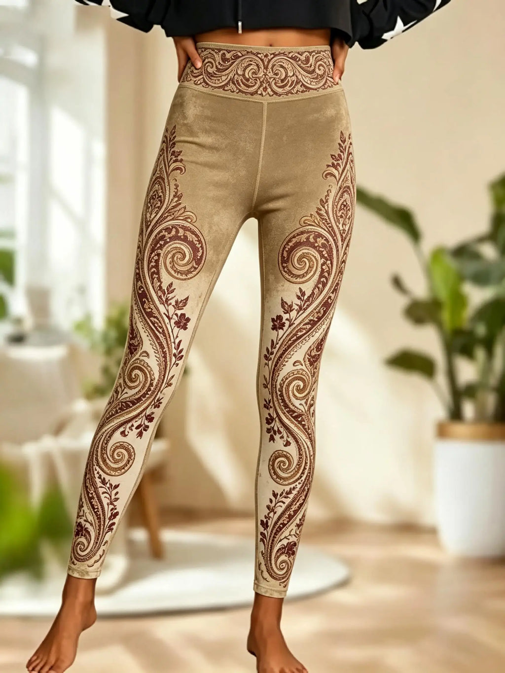 Women Fleece‑lined Mid‑rise Leggings Bohemian Paisley Floral Tribal Border Print Slim Stretch Winter Casual Pants