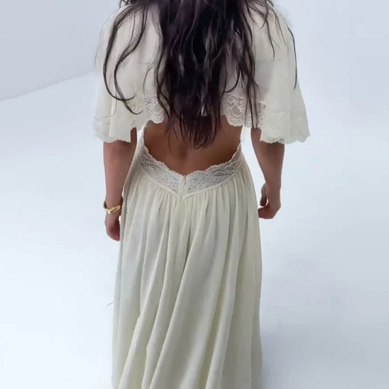 Elegant Short Sleeve Hollow Out Maxi Dresses Fashion Lace Patchwork Women Chiffon Dress 2026 Summer New Lady V Neck Long Robes