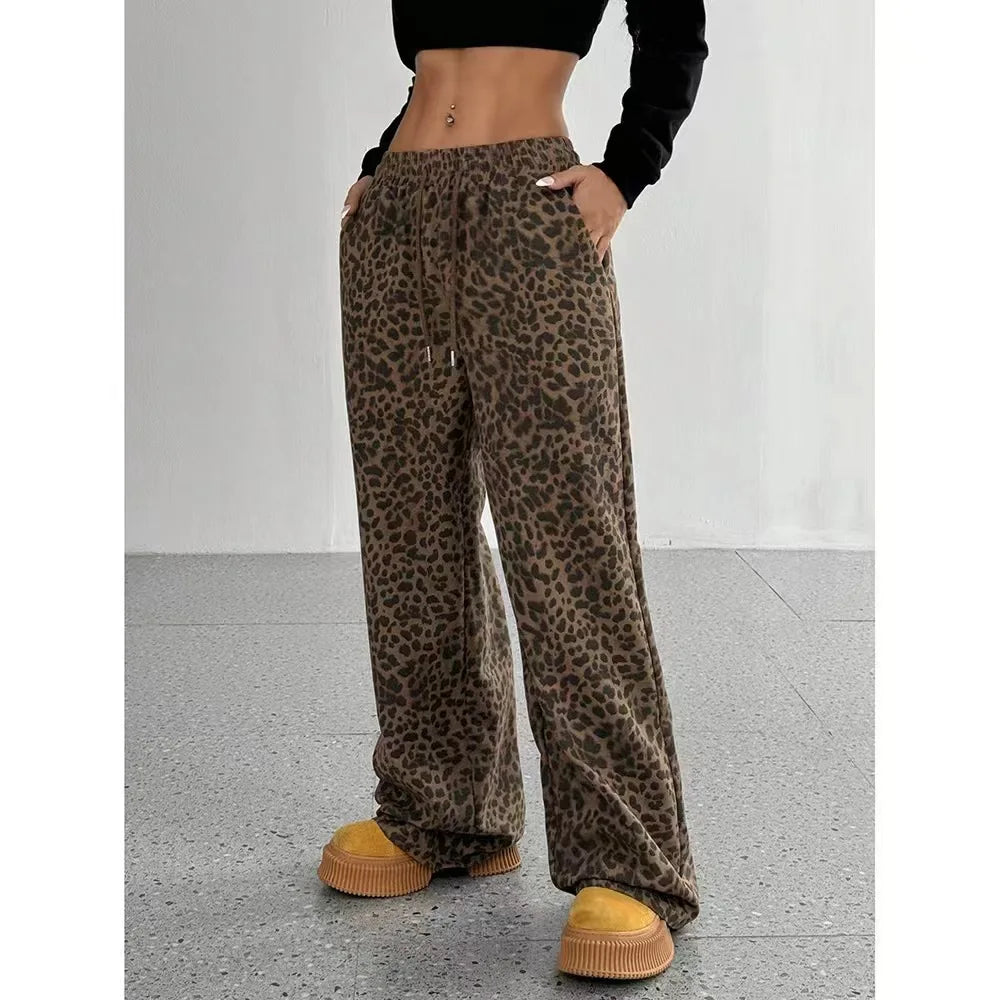 Summer Women's Street Style Wide Leg Pants Loose Slimming Floor-Length Casual Trousers Cross-Border Leopard Print Women's Pants