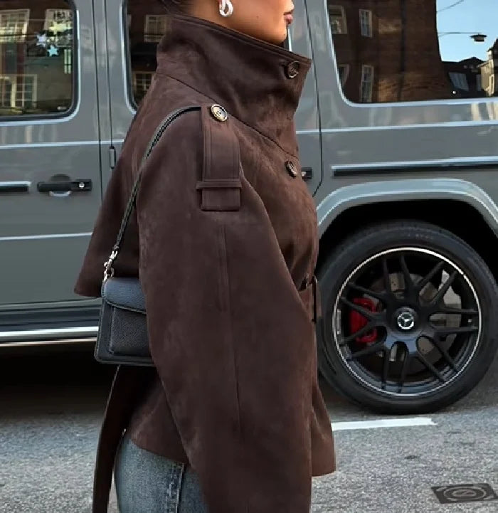 Women Vintage Cropped Coat Stand Collar Waist Slim Belt Double-breasted Jacket 2026 Autumn Winter Commute Office Party Outerwear