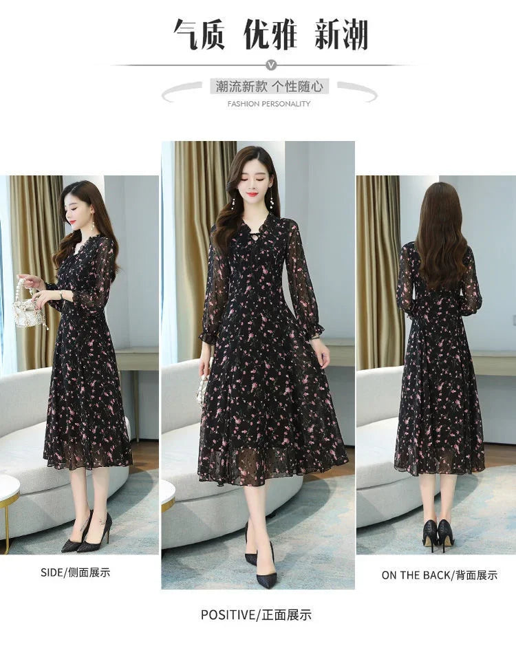 Woman Dress Summer Autumn New Long Sleeve Small Floral Chiffon Dress Dress Vestido De Mujer