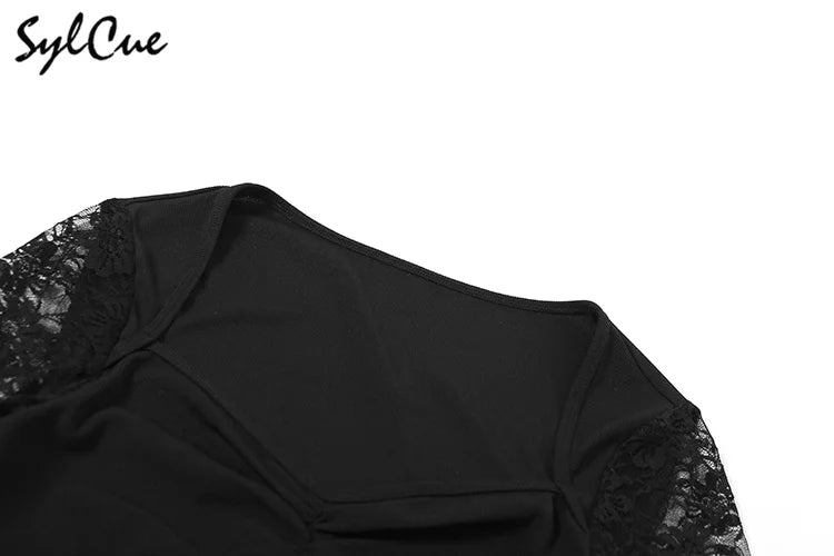 Sylcue Black Mysterious Sexy Lace Stitching Mature Beautiful Sweet Gentle Women'S Winter Long Sleeve Hip Short Dress