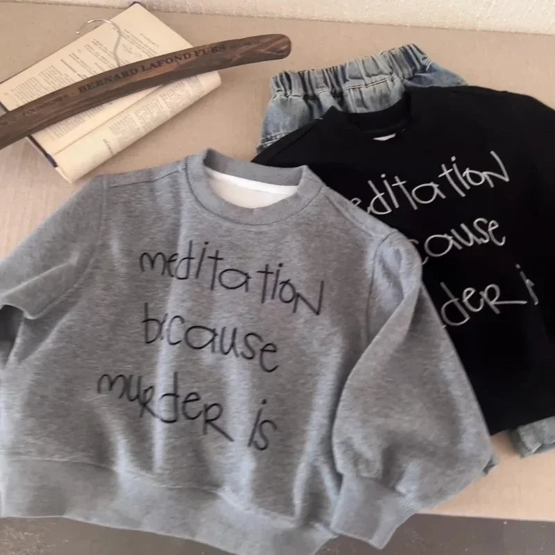 2025 Autumn New Children Solid Sweatshirt Baby Fashion Letter Printed Long Sleeve Tops Kids Girl Boy Crewneck Hoodie Clothing
