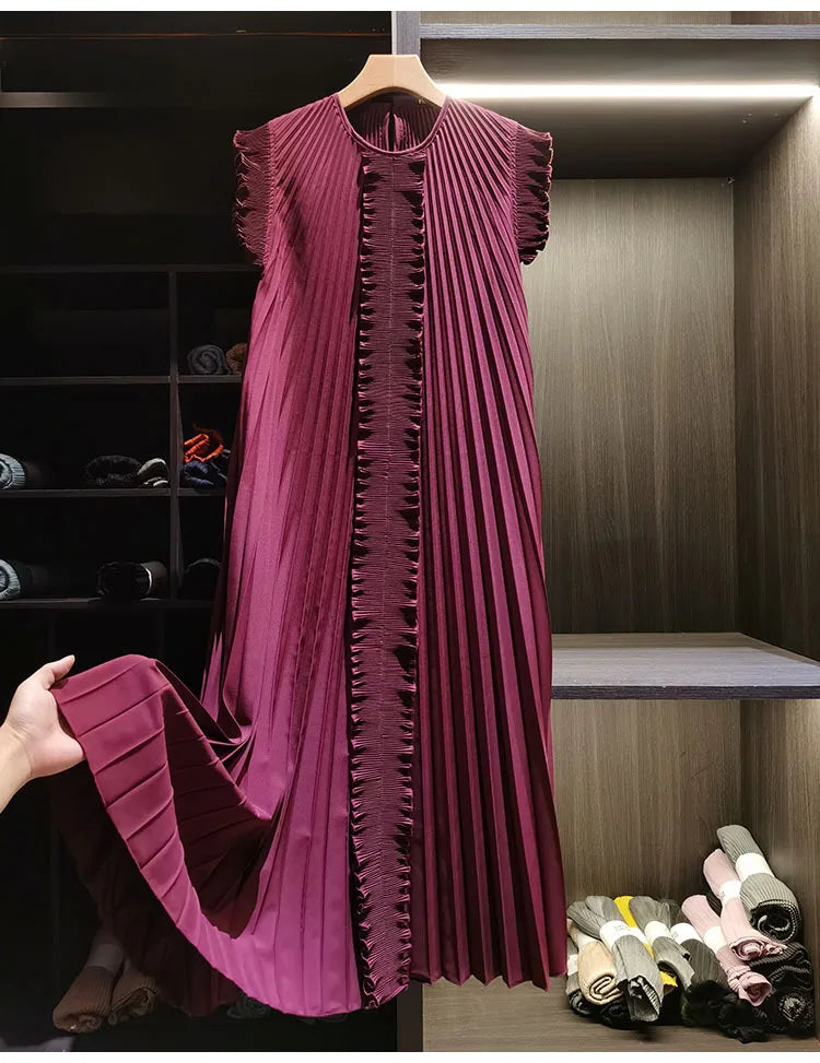 Miyake Pleated Solid Color Dresses High-End 2026 Ruffled Handmade Pleats Solid Color Fold Dress Summer Elegant Sleeveless Dress