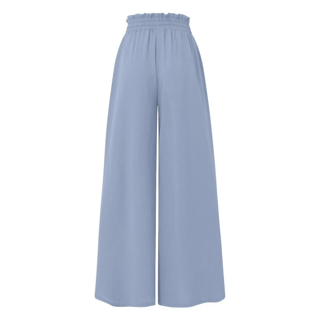 Women Casual Elastic Waist Wide Leg Pants Summer Elegant Drawstring Loose Straight Trouser Elegant Solid Pants Vacation Beach