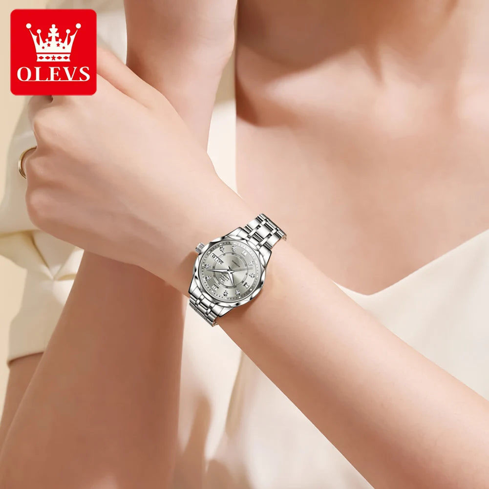 OLEVS 6727 Women's Watches Elegant Fashion Original Automatic Mechanical Watch for Lady Grey Double Scale Dial Waterproof Date