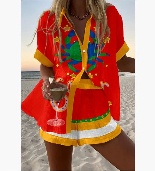 2025 New Summer Vacation Shorts Set 3D Printed Seaside Tropical Casual Lapel Shirt Blouse Top Shorts 2-Piece Suits Beach Holiday