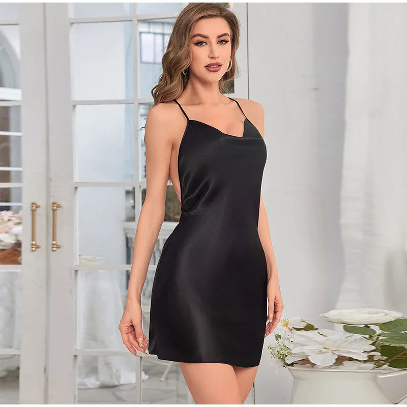 New Summer Solid Silk Stain V-neck Nightgown Women's Sleepwear Butterfly Cross Suspender Backless Mini Dress Thin Nightdress