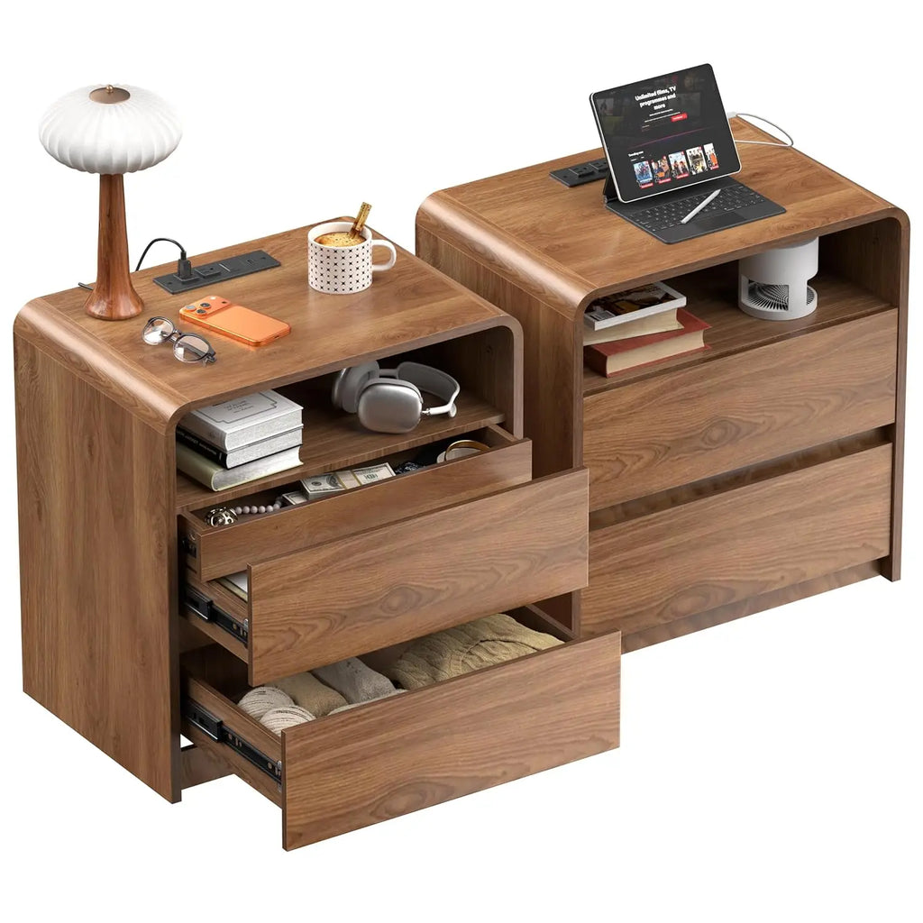 Modern Nightstand Set of 2 23.8" Walnut Nightstands with Hidden Drawers Wood Modern Bedside Table Curved Profile, Customized