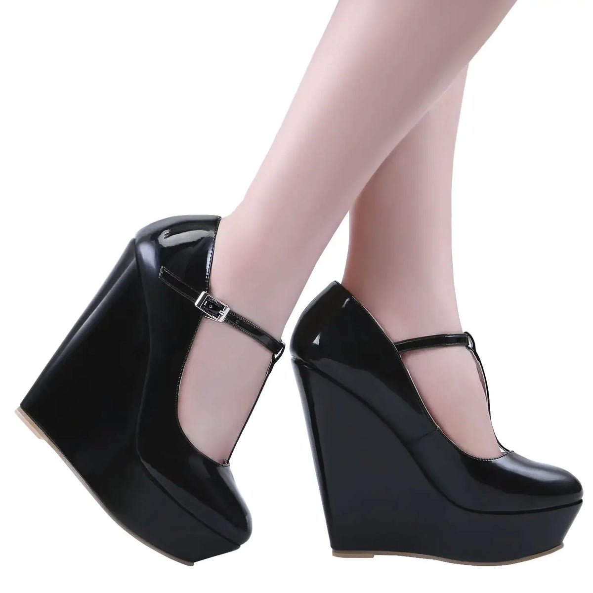 Women Platform Wedge Heels Pumps Autumn Winter 14cm Round Toes T-Strap High Heeled Gladiator Ladies Dress Party Wedding Shoes