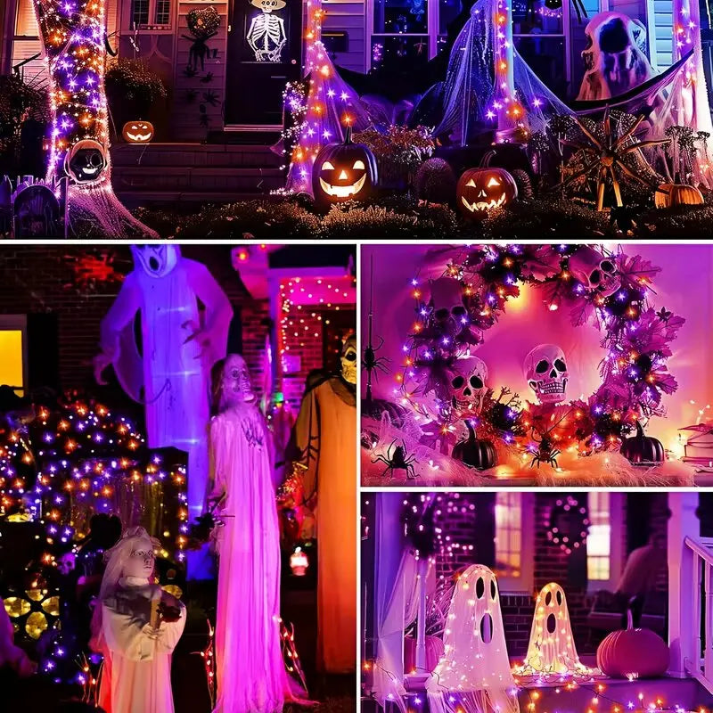 45.93ft 120LED Halloween Purple Orange LED Solar Fairy Lights Outdoor Waterproof Hanging Garden Light Fence Terrace Porch Decor