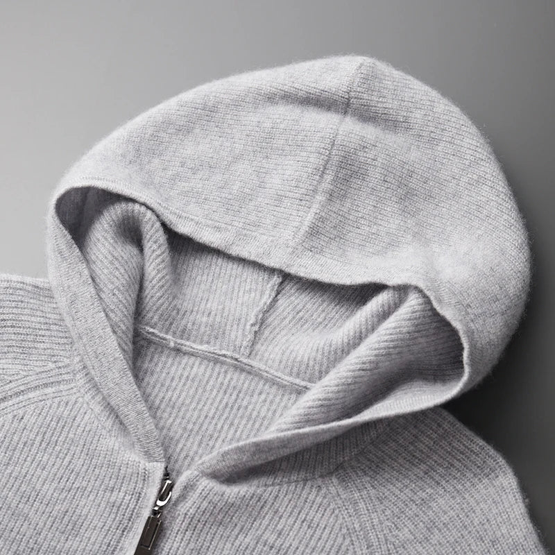 Autumn and Winter 100% Pure Cashmere Cardigan Men's Hoodie Zipper Thick Sweater Loose Plus Size Wool Knitted Sweater Coat