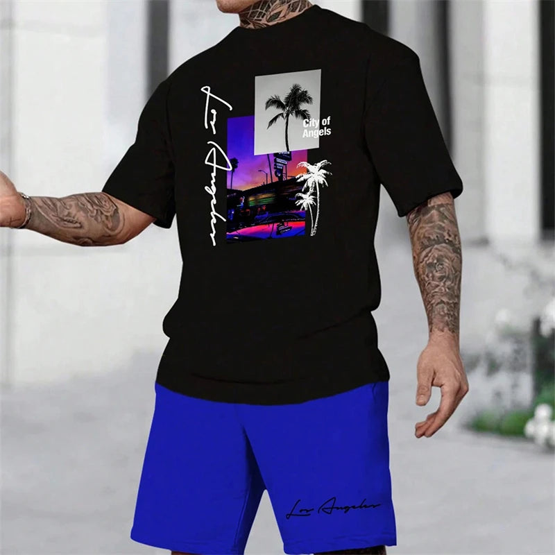 Summer New Men's Short-sleeved Hawaiian Print Two-piece Beach Vacation Breathable Short-sleeved With Drawstring Loose Shorts