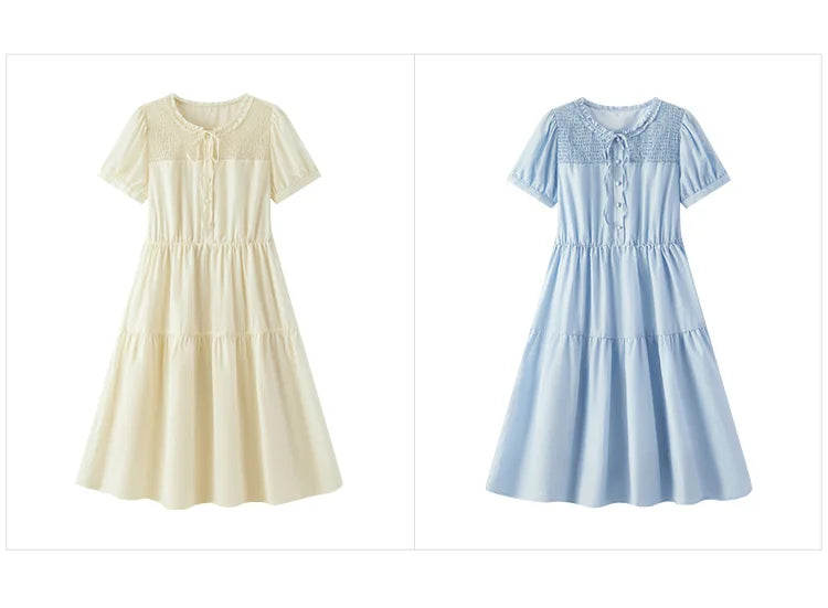 Semir Women Dress Puff Sleeve Lace Crew Neck Textured Midi French Elegant 2026 Summer Romantic Soft Comfy Daily Top