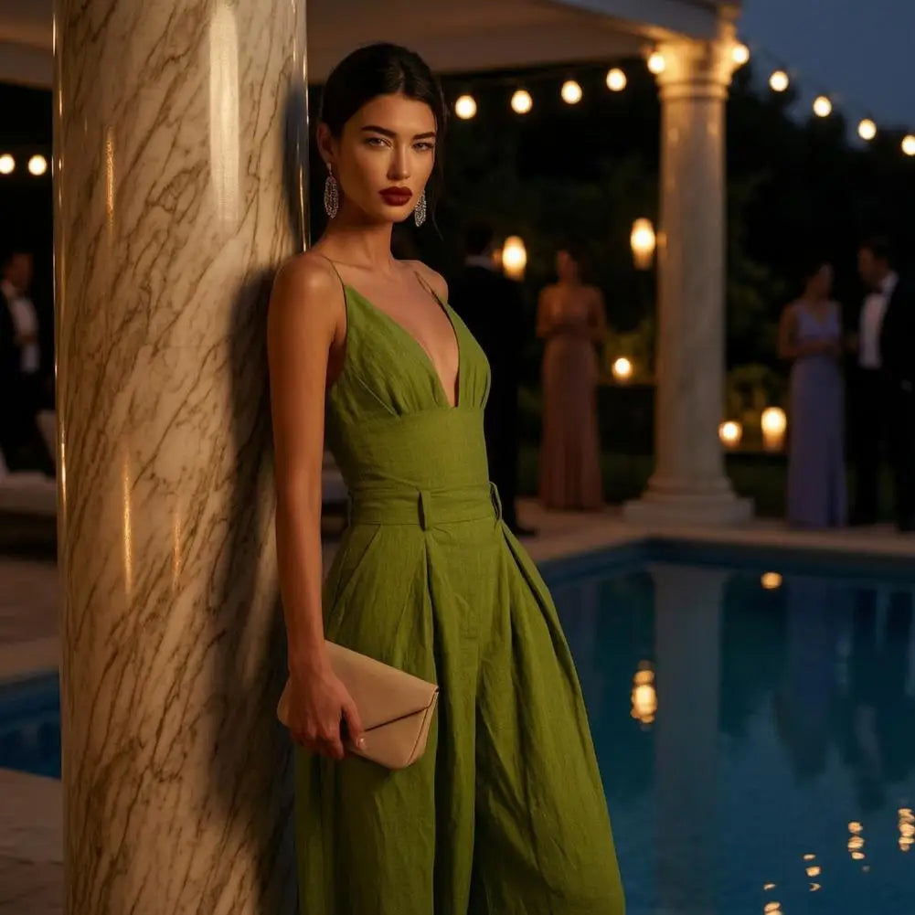 Elegant Sexy V-Neck Spaghetti Strap Jumpsuit Women High Waist Wide Leg Casual Romper Spring Boho Solid Backless Pockets Overalls