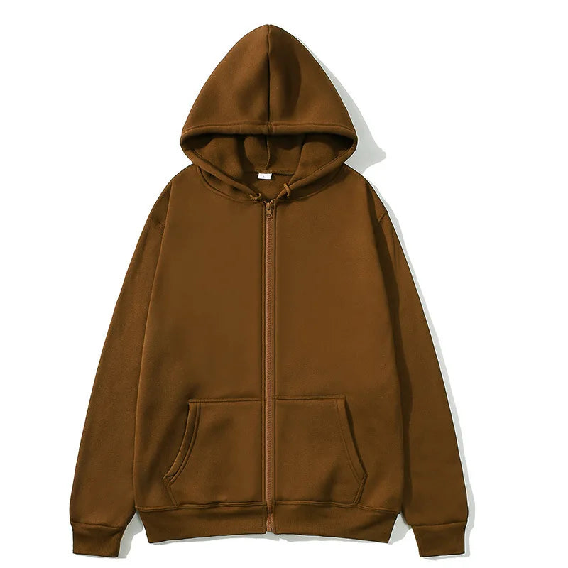 Oversized Unisex Hoodie, Solid Color Zip Up Jacket, Casual Street Trendy Plain Hooded Sweatshirt