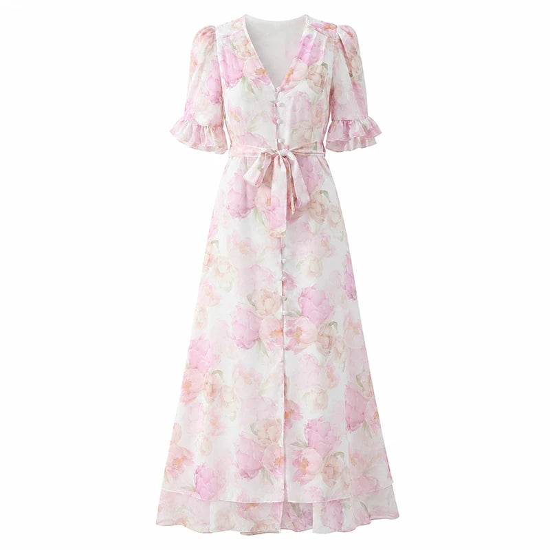 Organza Floral Printed Maxi Dress V-neck Puff Sleeve 2026 Spring/summer Romantic Women Party Gown Fashion Elegant Lady Vestido