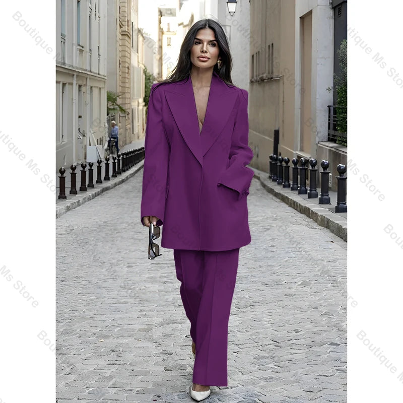 Chic Loose White Single Breasted Women Pants Set New Female Two Pieces(Blazer+Trousers) conjuntos femininos elegantes