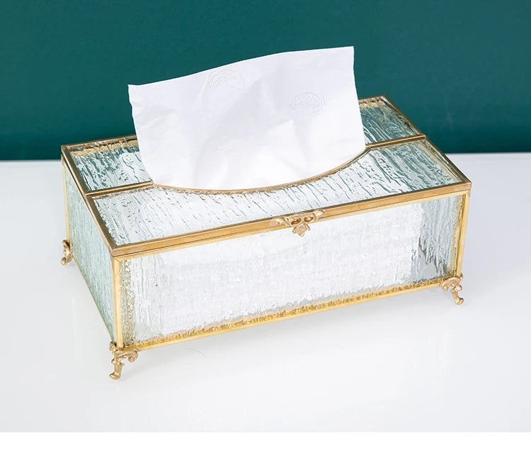 Vintage Brass Glass Tissue Box Living Room paper Storage Holder Tea Table Desktop Paper Box Hotel Restaurant Tissue Organizer
