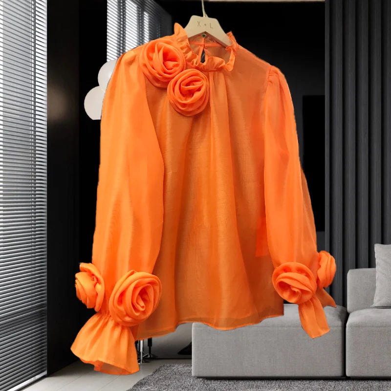 Spring 2026 French Style Shirt Women Three-dimensional Flowers Patchwork Colored Blouse Solid Long Sleeve Women Top 42927