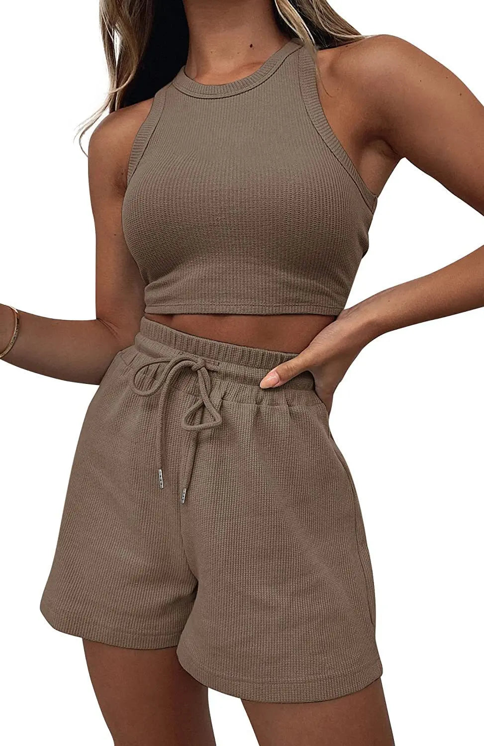 Women Shorts Outfit Solid Sleeveless Ribbed Crop Tank And Drawstring Shorts Casual Tracksuit Workout Set 2 Piece Lounge Set