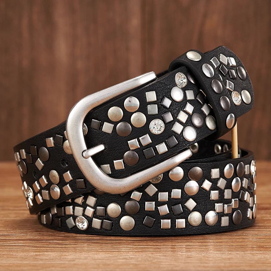 3.7CM PU Leather Rivet Belt  Lady Fashion Rhinestone Women Studded Belts High Quality Female Rock Female Strap For Jeans