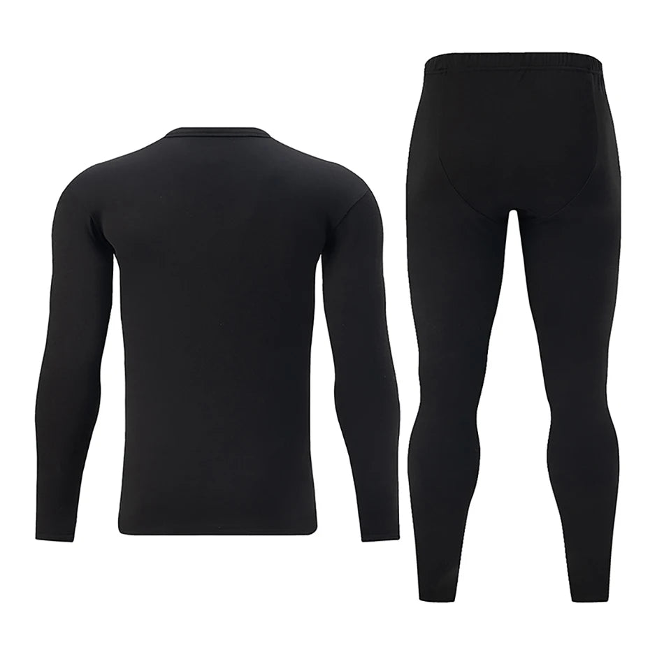 2-piece Men's Autumn/Winter Black Fashionable Versatile Warm Base Set Youth Round Neck Long Sleeved T-shirt Elastic Waisted Pant