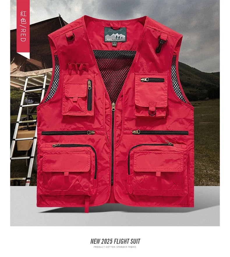 Mesh Men's Fishing Vest Multi Zip Pocket Hiking Waistcoat Male Light Thin Outdoor Sleeveless Jacket Work Summer Travel Plus Size