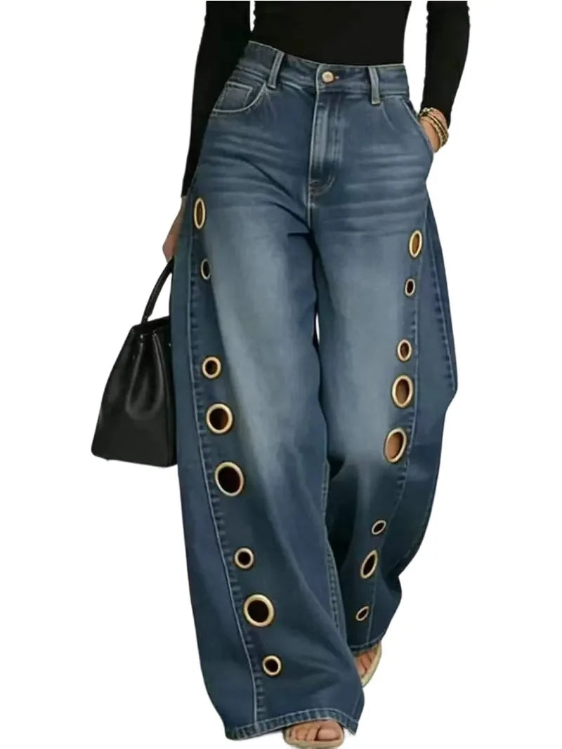 Summer 2026 New American Women Denim Pants Hollow Eyelet Wide Leg Loose Y2K Korean Vintage Streetwear Full Length Jeans