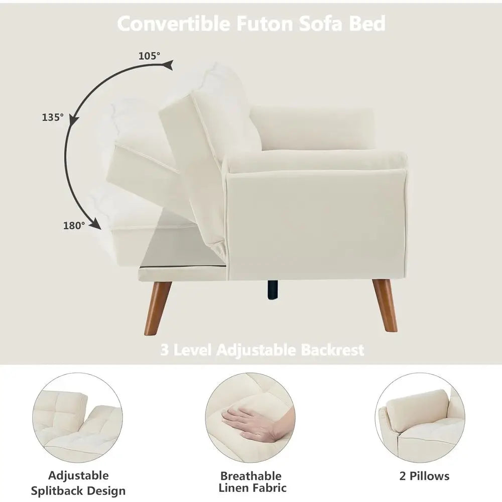 Twin Size Convertible Sleeper Sofa with Reclining Linen Split Back and Pillow Top Arms for Compact Living Spaces in Beige