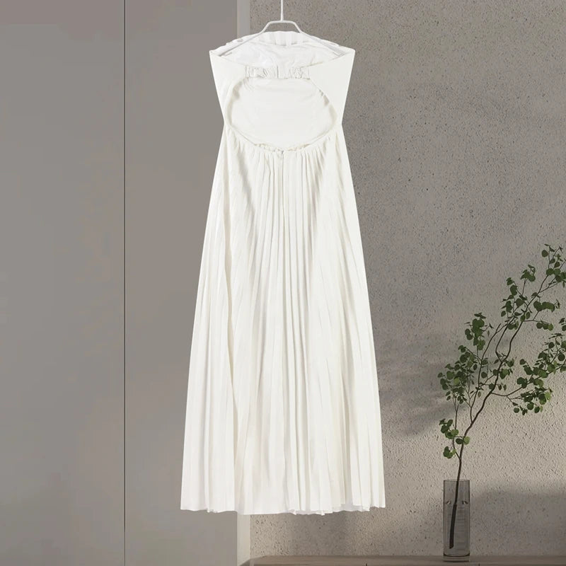 Elegant Solid Pleated Off Shoulder Long Dresses for Women Chic Sleeveless Backless Female Maxi Dress Summer New Beach Party Robe
