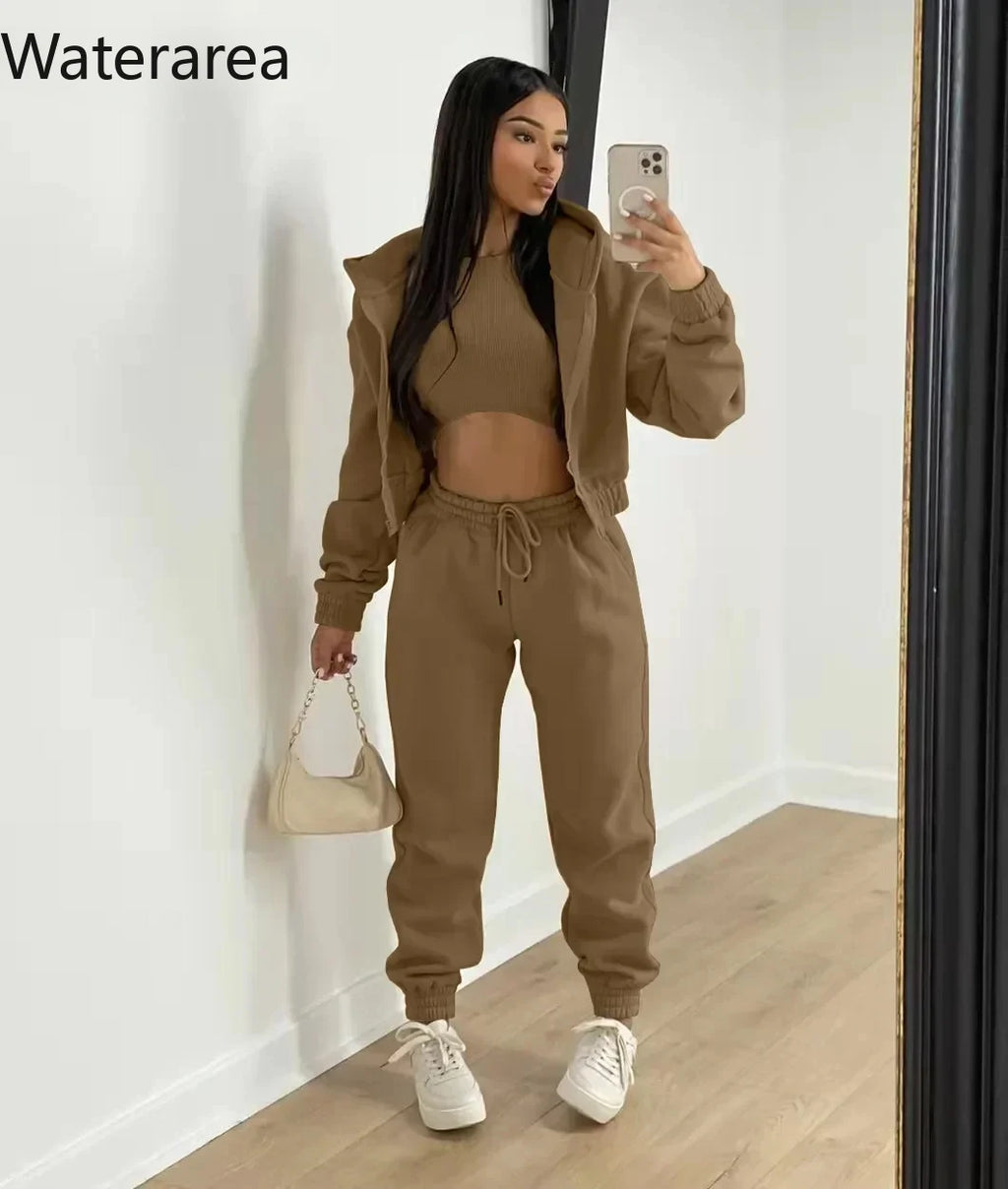 Waterarea Basic Active Women's Tracksuit Hooded Track Jacket +vest and Jogger Pants Suit Matching Three 3 Piece Set SportOutfits
