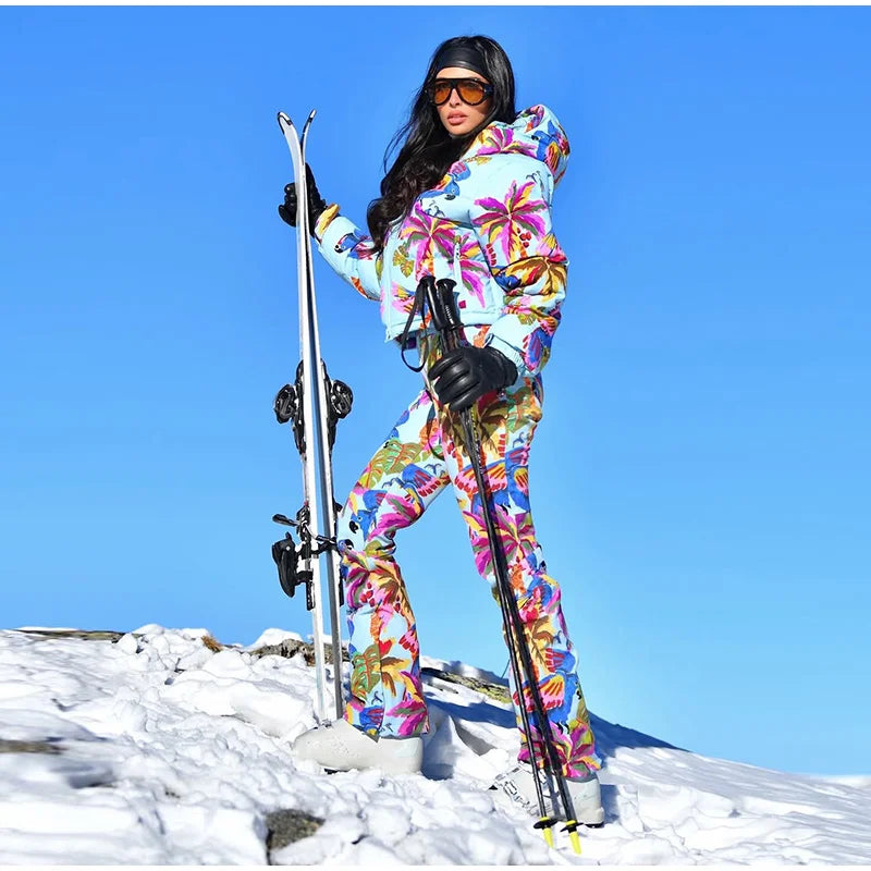 Women's Printed Hooded Ski Jackets Jumpsuit Sets Long Sleeve Zipper Short Coats Straight Leg Overalls 2026 Winter Lady Ski Suits